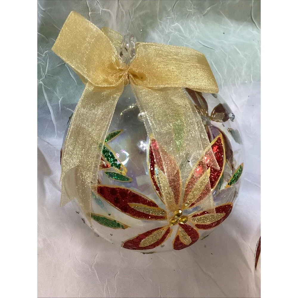 Hand-Blow & Painted Poinsettia  Art Glass Christmas Ornament Set Glitter & Gold